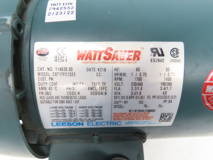 Leeson Wattsaver C6T17FC132E AC Motor 1Hp 1760 RPM 230/460V 3PH 56C 114638.00