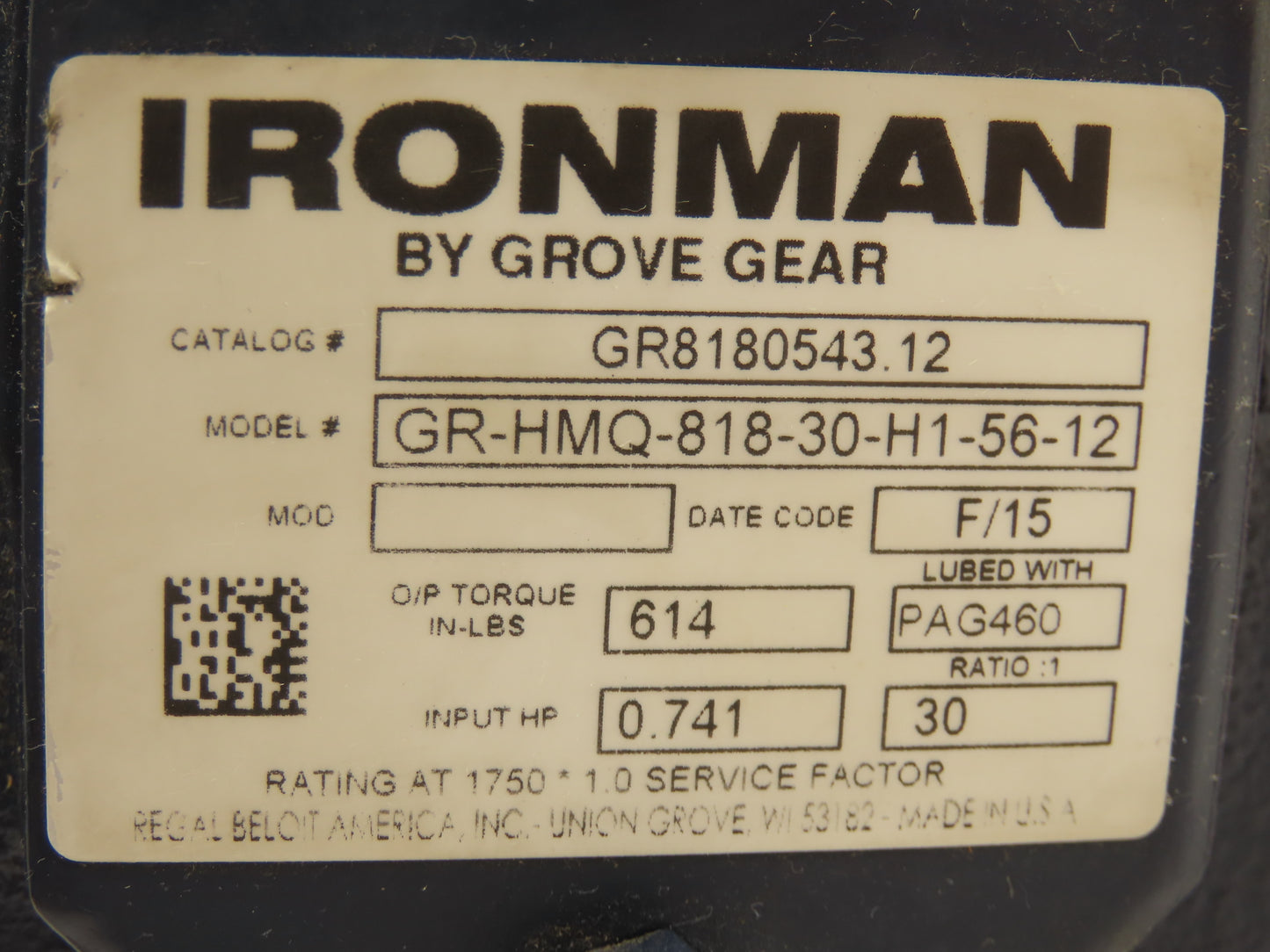 Ironman GR-HMQ-818-30-H1-56-12 Worm Gearbox 30:1 - 58rpm 56C 3/4"Hollow Shaft