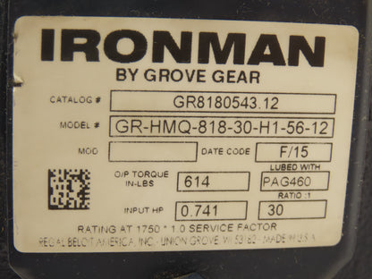 Ironman GR-HMQ-818-30-H1-56-12 Worm Gearbox 30:1 - 58rpm 56C 3/4"Hollow Shaft