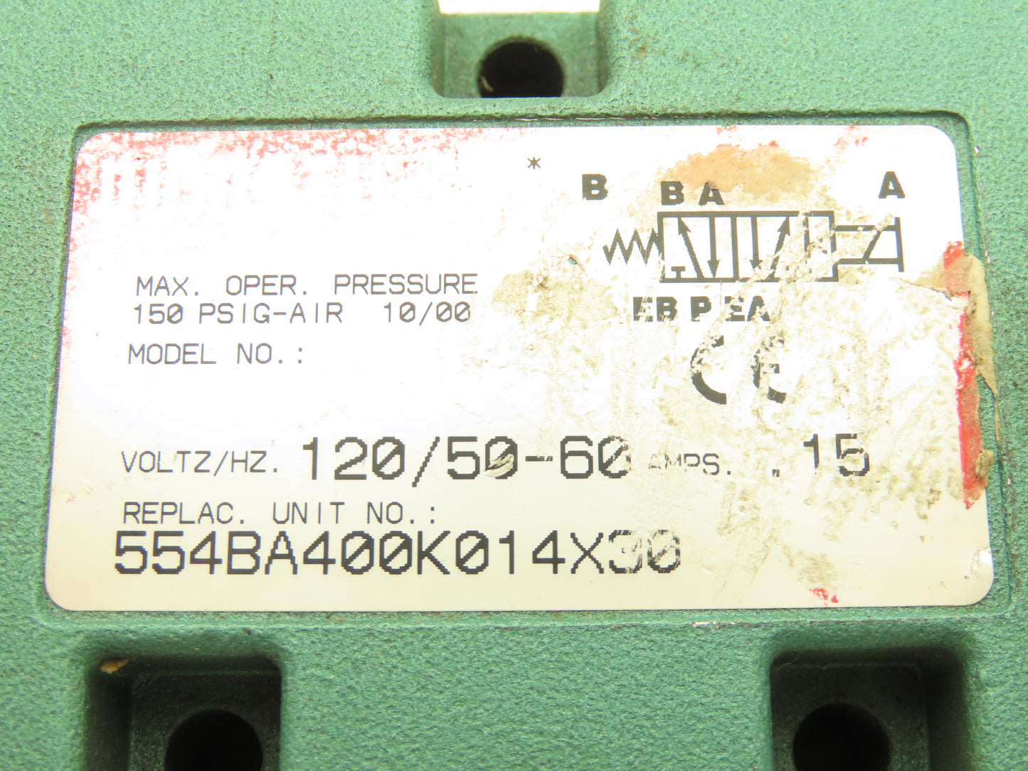 Numatics 554BA400K014X30 Pneumatic Valve W/120VAC Solenoid 50-60 Hz 120 PSI