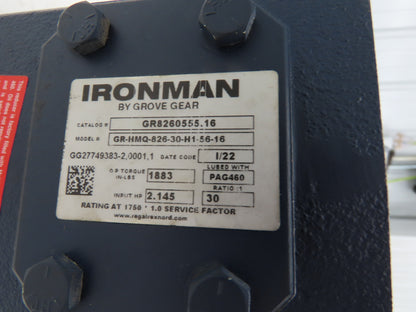 Ironman GR-HMQ-826-30-H1-56-16 Worm Gearbox 30:1 - 58rpm 2Hp 56C 1"Hollow Shaft