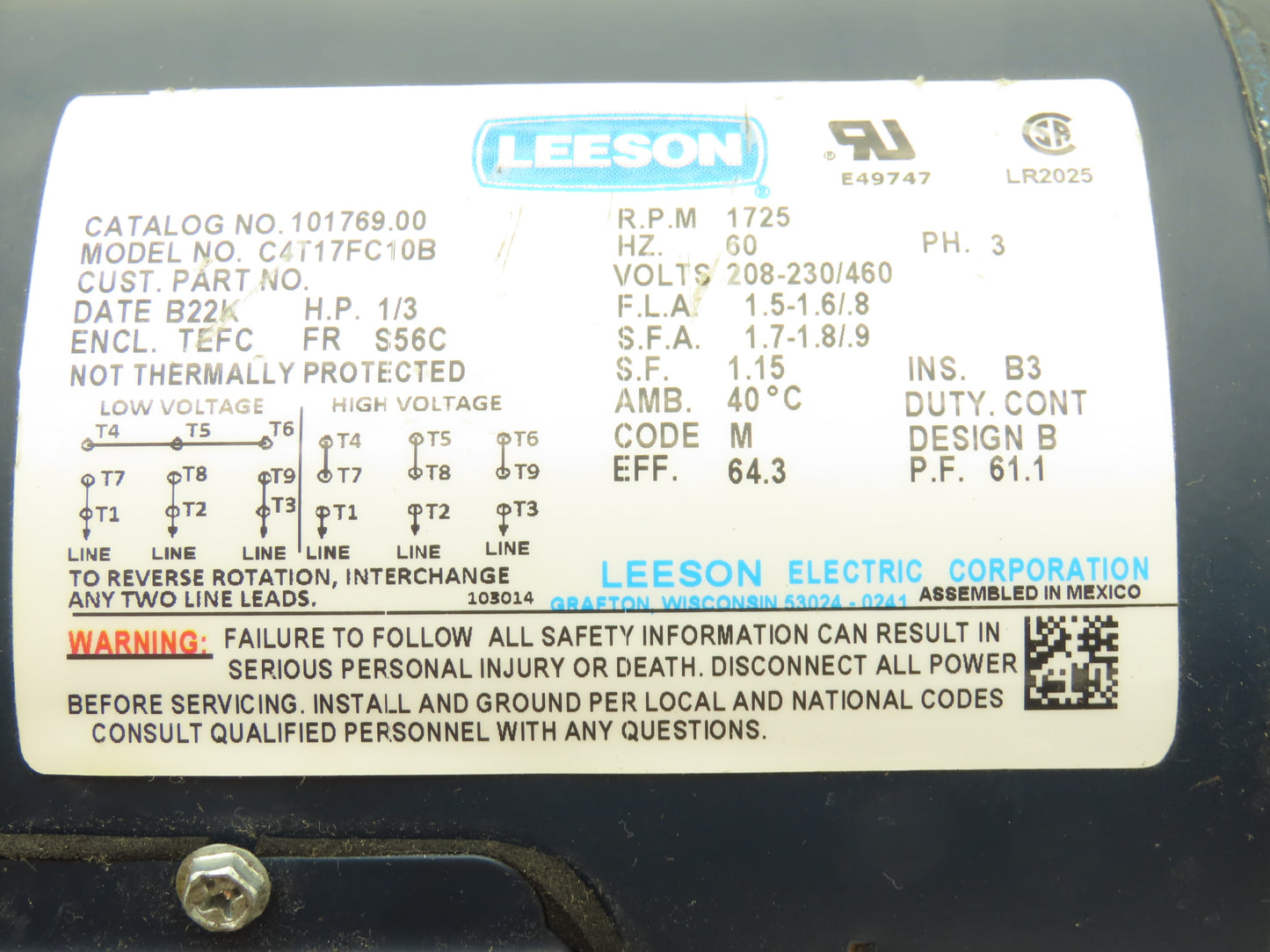 Leeson C4T17FC10B AC Motor 1/3Hp 1725 RPM 230/460V 3PH 56C 101769.00