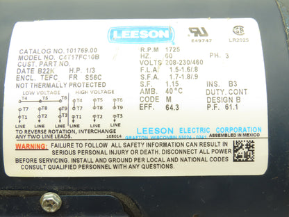 Leeson C4T17FC10B AC Motor 1/3Hp 1725 RPM 230/460V 3PH 56C 101769.00