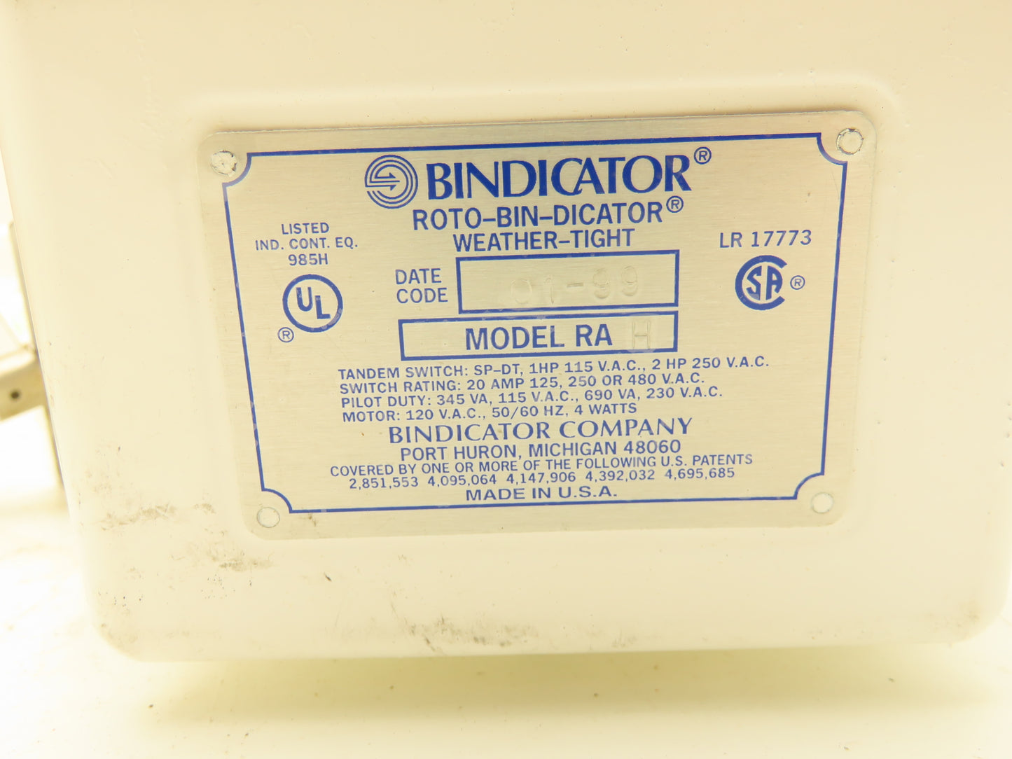 Bindicator RA-H Roto-Bin-Dicator Level Sensor Switch w/Paddle & Flange 120V