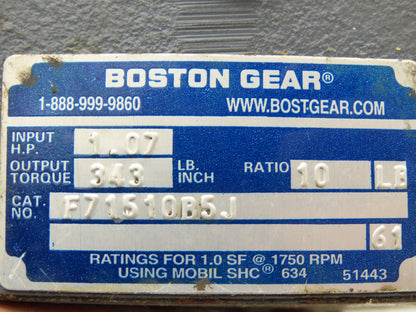 Boston Gear F71510B5J Worm Gearbox 10:1 Reducer 1Hp 175rpm 56C RH Output