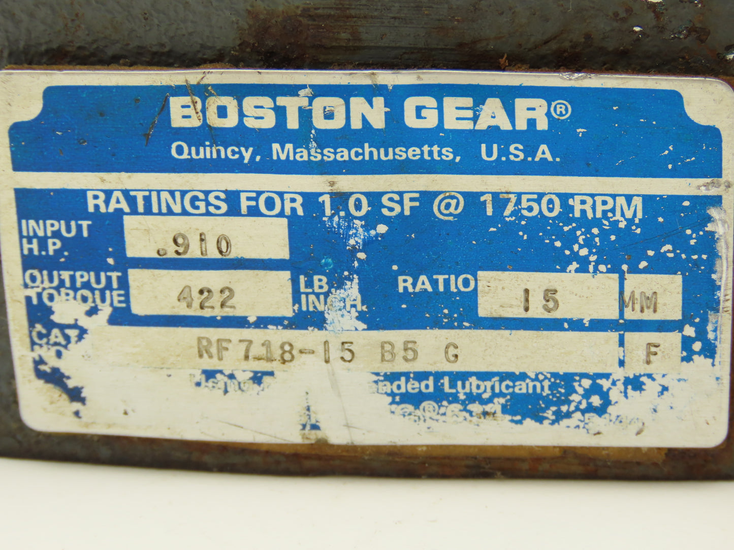Boston Gear RF718-15 B5 G Worm Gearbox 15:1 Reducer 0.91Hp 117rpm 56C LH Output