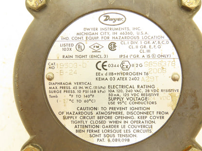 Dwyer 1950G-0-B-24 Explosion Proof Differential Pressure Switch 24VDC/120-240VAC