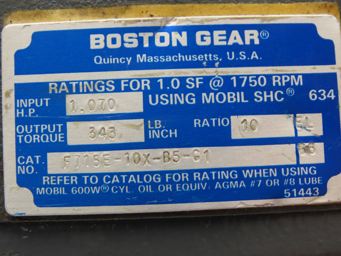 Boston Gear F715E-10X-B5-G1 Worm Gearbox 10:1 Reducer 1Hp 175rpm 56C LH Output
