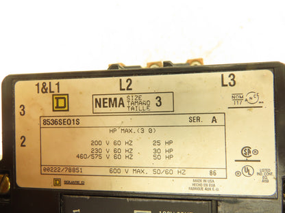 Square D 8536 SE01S Motor Starter Contactor NEMA Size 3 600V 50Hp 120V Coil