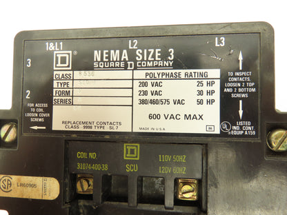 Square D 8536 SE01S Motor Starter Contactor NEMA Size 3 600V 50Hp 120V Coil
