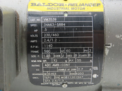 Baldor VM3539 AC Motor 1/2Hp 1140 RPM 230/460V 3PH 56C TEFC
