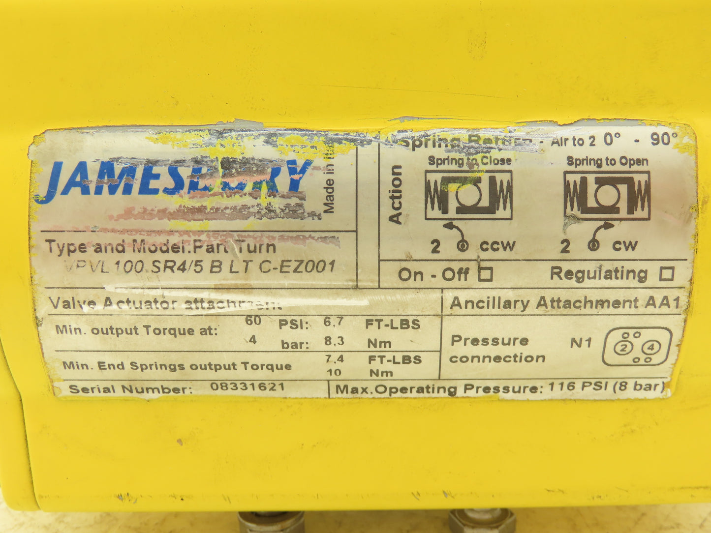 Jamesbury VPVL100SR4/5BLTC-EZ001 Pneumatic Valve Actuator Spring Return 0-90°
