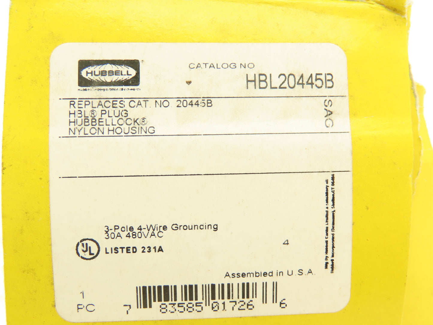 Hubbell HBL20445B Hubbellock Electrical Plug 30A 480VAC 3-Pole 4-Wire Twist Lock