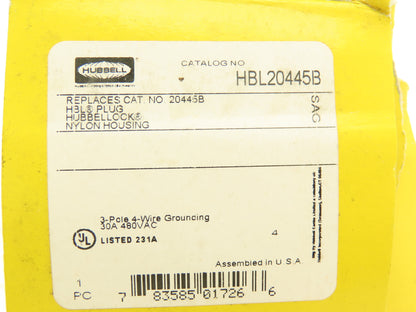 Hubbell HBL20445B Hubbellock Electrical Plug 30A 480VAC 3-Pole 4-Wire Twist Lock