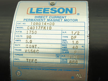 Baldor C4D17FK1D Permanent Magnet DC Motor 1/2Hp 1750rpm 90VDC 56C TEFC