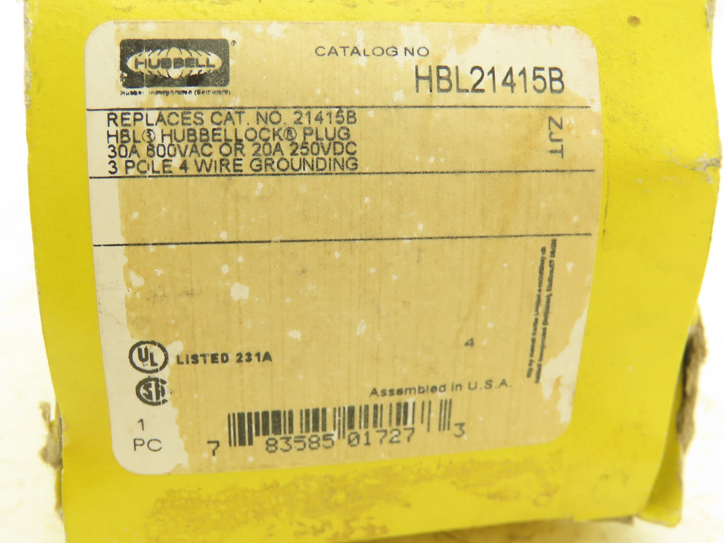 Hubbell HBL21415B Hubbellock Electrical Plug 30A 600VAC 3-Pole 4-Wire Twist Lock
