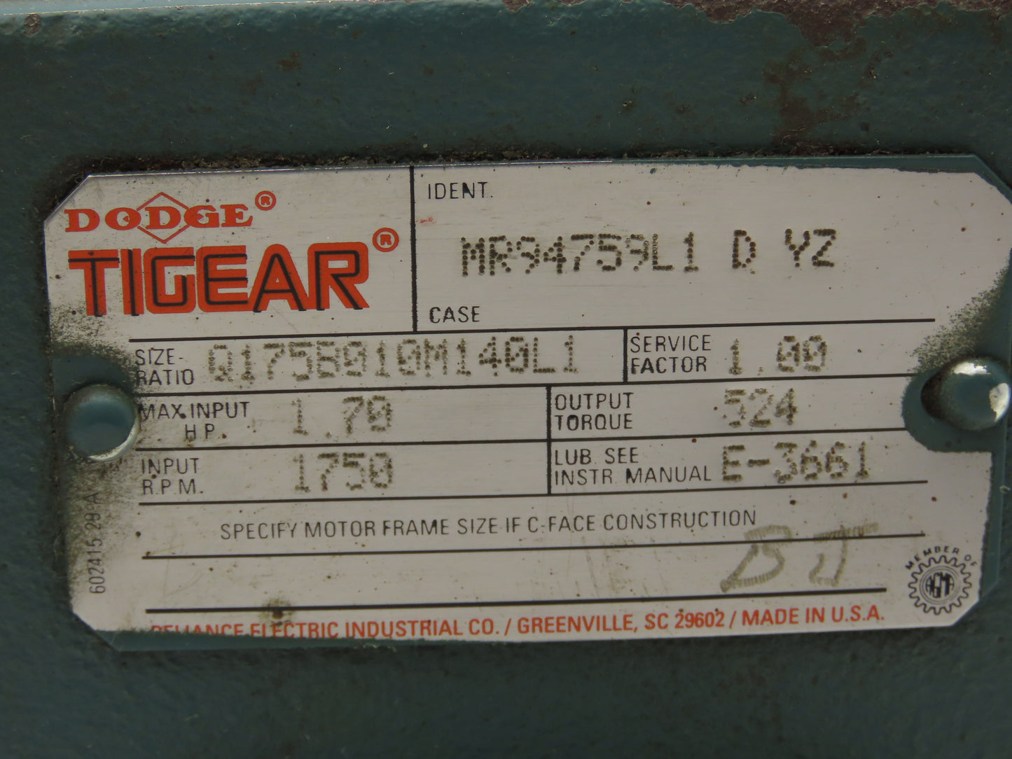 Dodge Tigear MR94759L1 D YZ Worm Gearbox 10:1 Reducer 1.7Hp 175rpm 140TC RH
