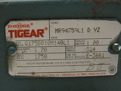 Dodge Tigear MR94759L1 D YZ Worm Gearbox 10:1 Reducer 1.7Hp 175rpm 140TC RH