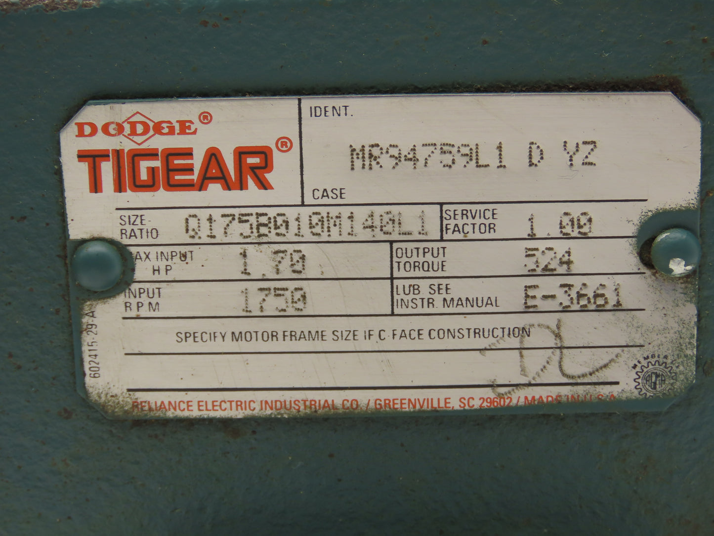 Dodge Tigear MR94759L1 D YZ Worm Gearbox 10:1 Reducer 1.7Hp 175rpm 140TC RH