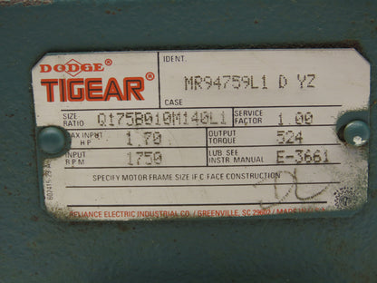 Dodge Tigear MR94759L1 D YZ Worm Gearbox 10:1 Reducer 1.7Hp 175rpm 140TC RH