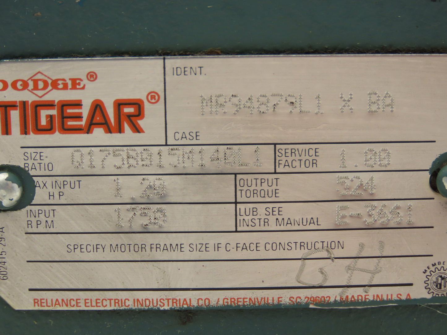 Dodge Tigear MR94879L1 X BA Worm Gearbox 15:1 Reducer 1.2Hp 117rpm 140TC RH