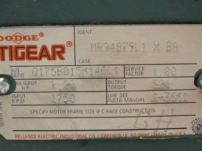 Dodge Tigear MR94879L1 X BA Worm Gearbox 15:1 Reducer 1.2Hp 117rpm 140TC RH