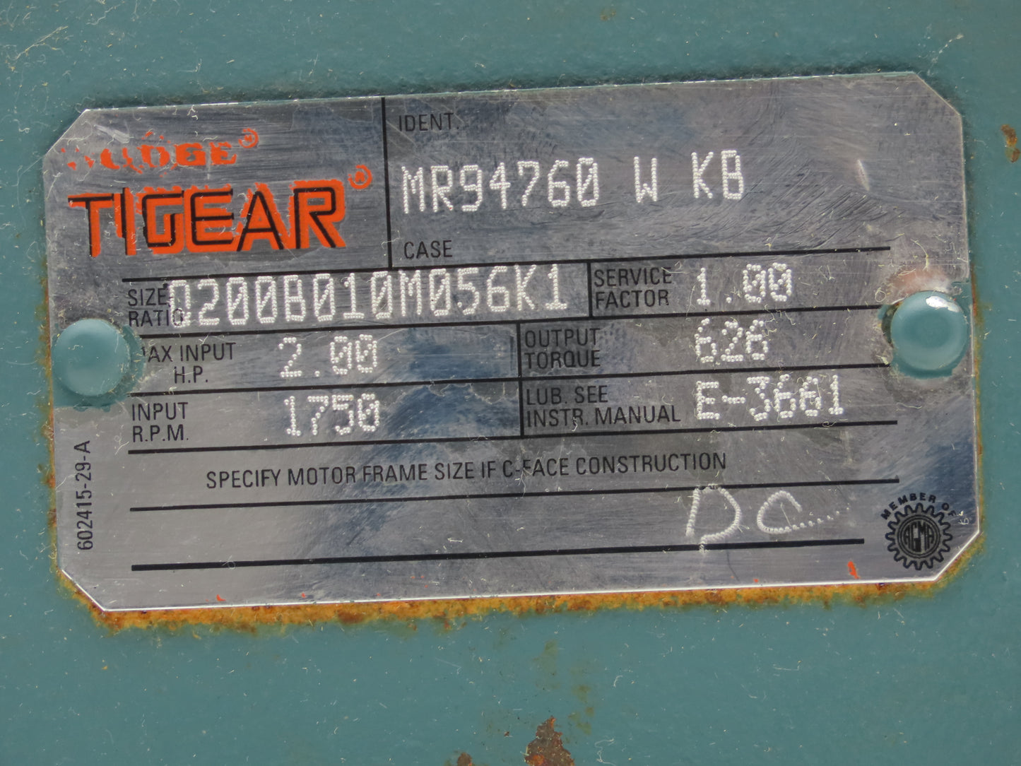 Dodge Tigear MR94760 W KB Worm Gearbox 10:1 Reducer 2Hp 175rpm 56C LH