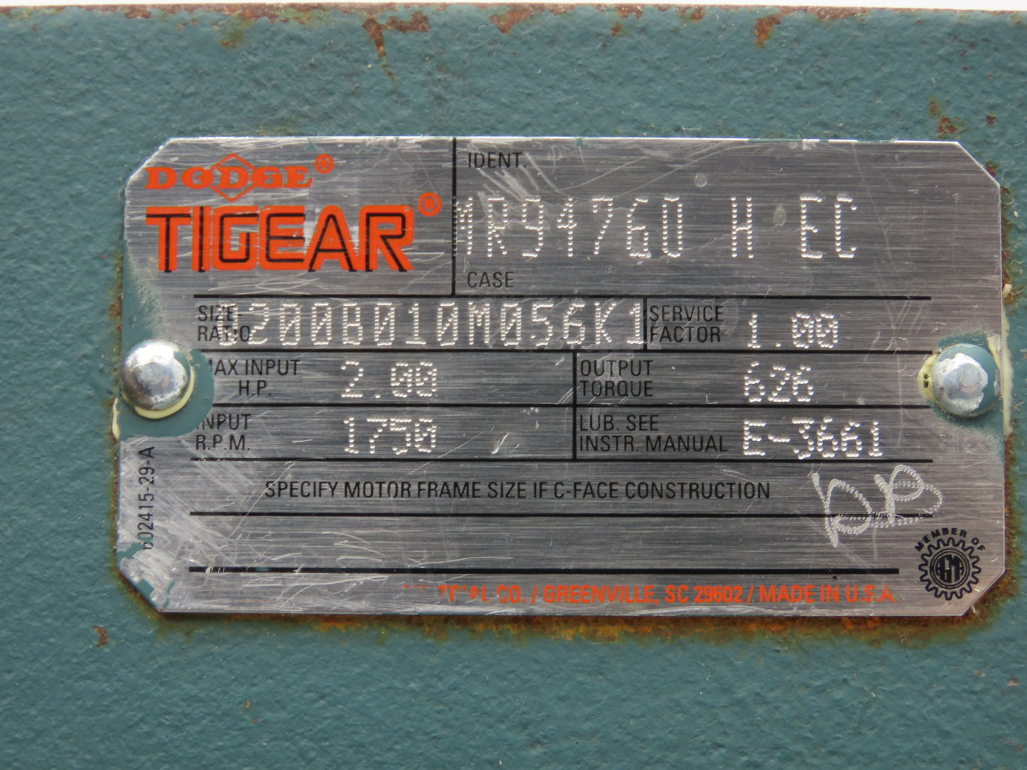 Dodge Tigear MR94760 H EC Worm Gearbox 10:1 Reducer 2Hp 175rpm 56C LH