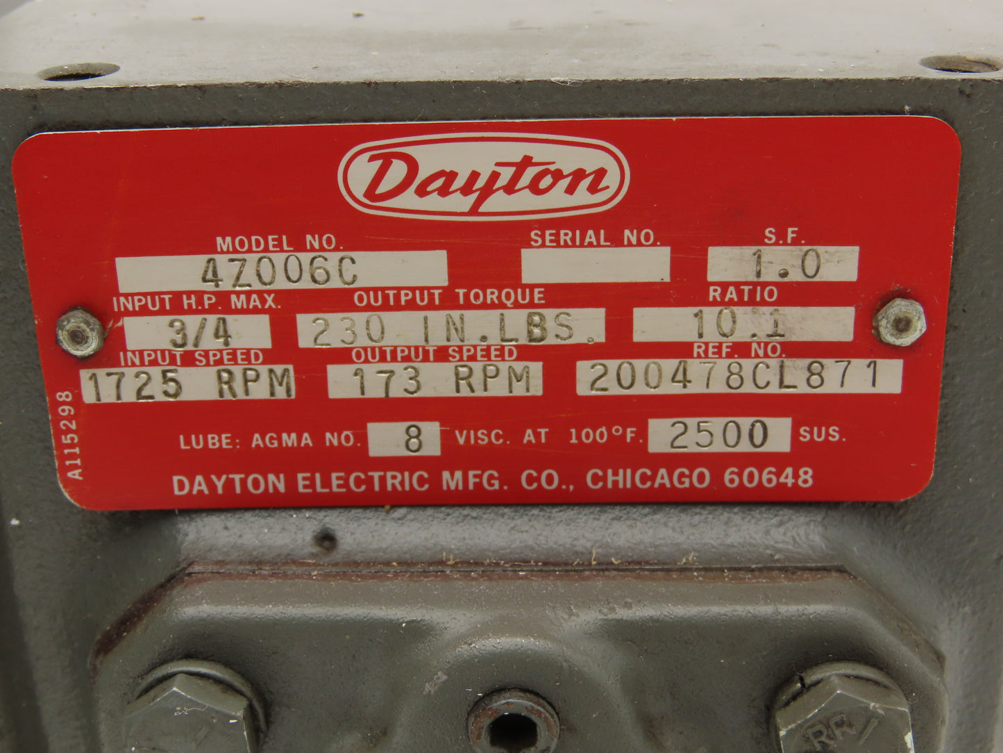 Dayton 4Z006C Worm Gearbox 10:1 Reducer 173rpm 3/4Hp 56C Dual Output