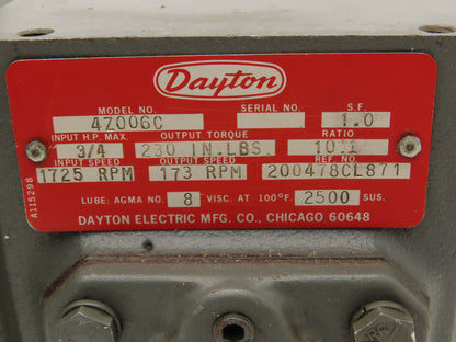 Dayton 4Z006C Worm Gearbox 10:1 Reducer 173rpm 3/4Hp 56C Dual Output