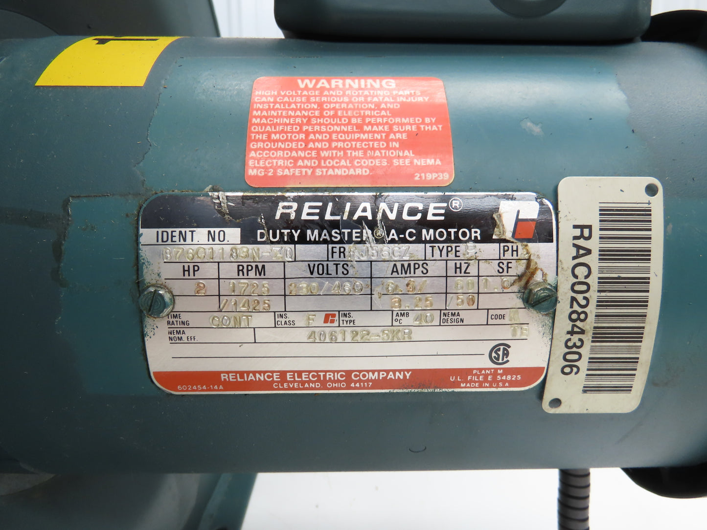 Baldor Reliance 876C1183N-Z0 Blower Motor Fan 2Hp 1725 RPM 230/460V 3PH