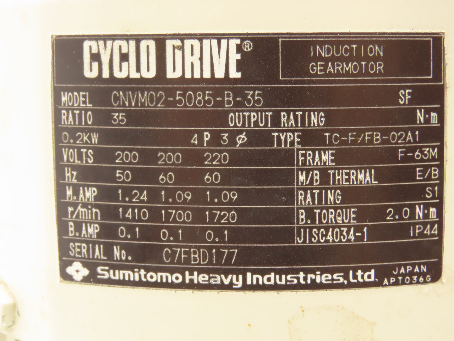 Sumitomo SM-Cyclo CNVM02-5085-B-35 Cyclo Induction Gearmotor 49rpm 35:1 220V 3PH
