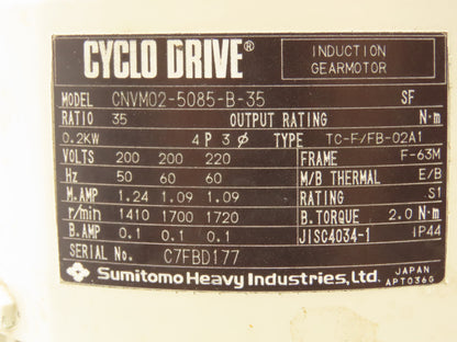 Sumitomo SM-Cyclo CNVM02-5085-B-35 Cyclo Induction Gearmotor 49rpm 35:1 220V 3PH