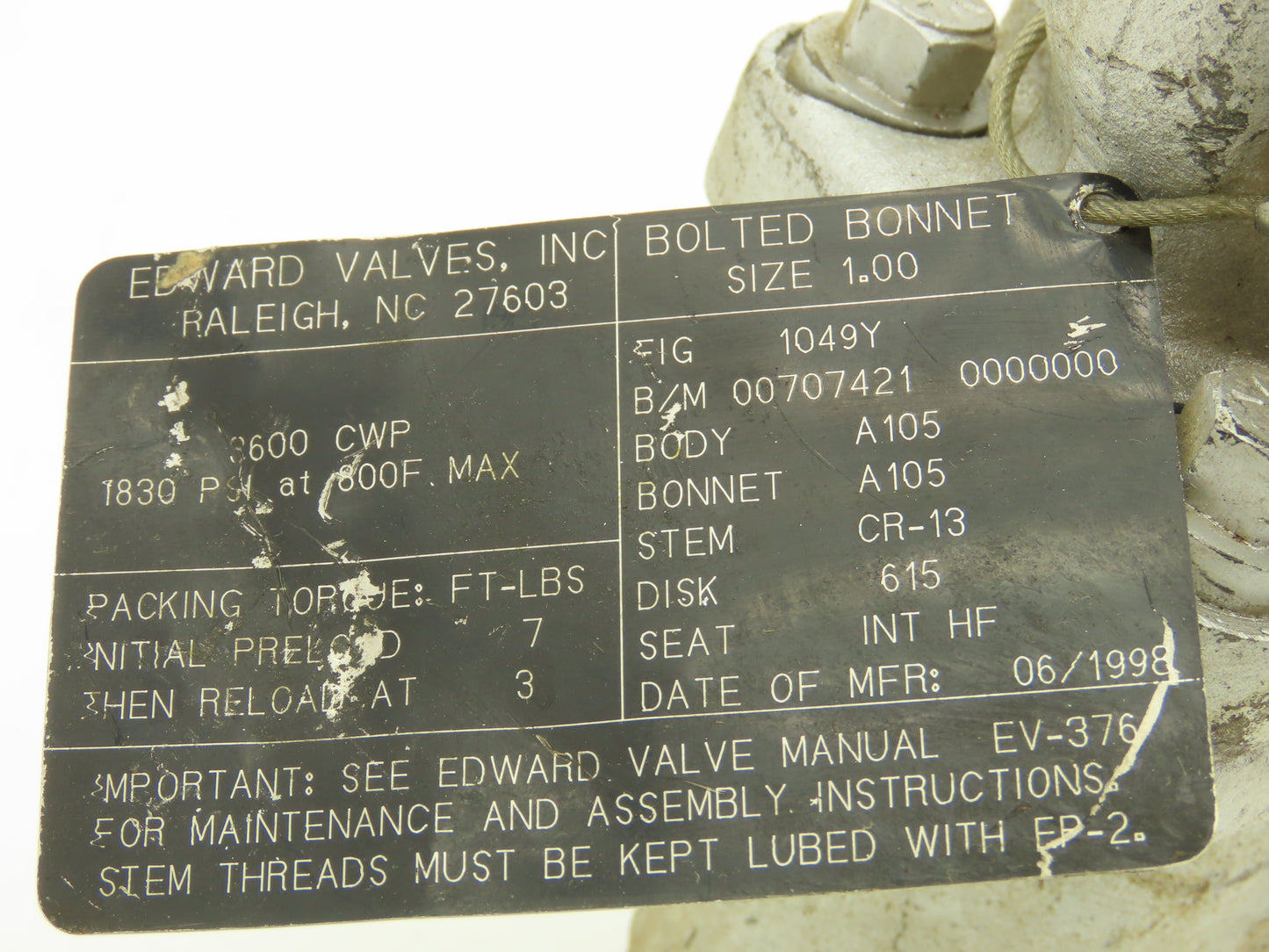 Edward 1049Y Right Angle Stop Valve 1" Socket Weld 3600 CWP 1830 PSI Rising Stem