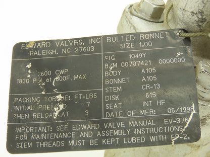 Edward 1049Y Right Angle Stop Valve 1" Socket Weld 3600 CWP 1830 PSI Rising Stem