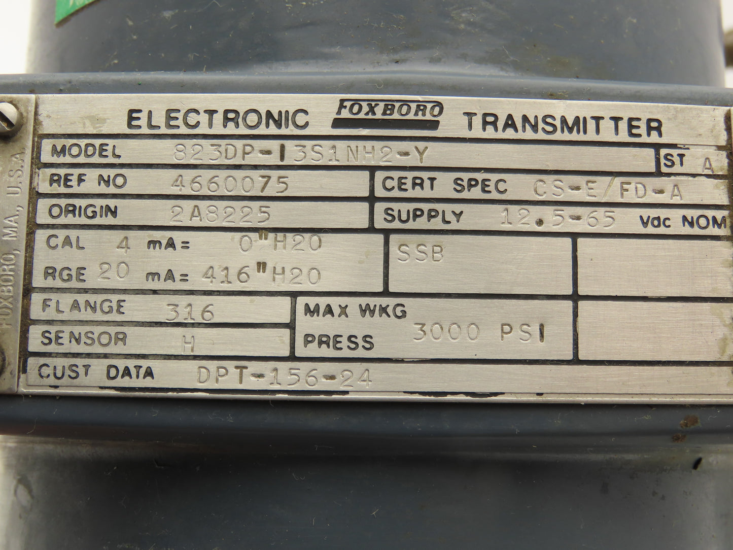 Foxboro 823DP-I3S1NH2-Y Pressure Transmitter 0-416"H2O 12.5-65vdc 3000psi