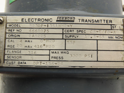 Foxboro 823DP-I3S1NH2-Y Pressure Transmitter 0-416"H2O 12.5-65vdc 3000psi