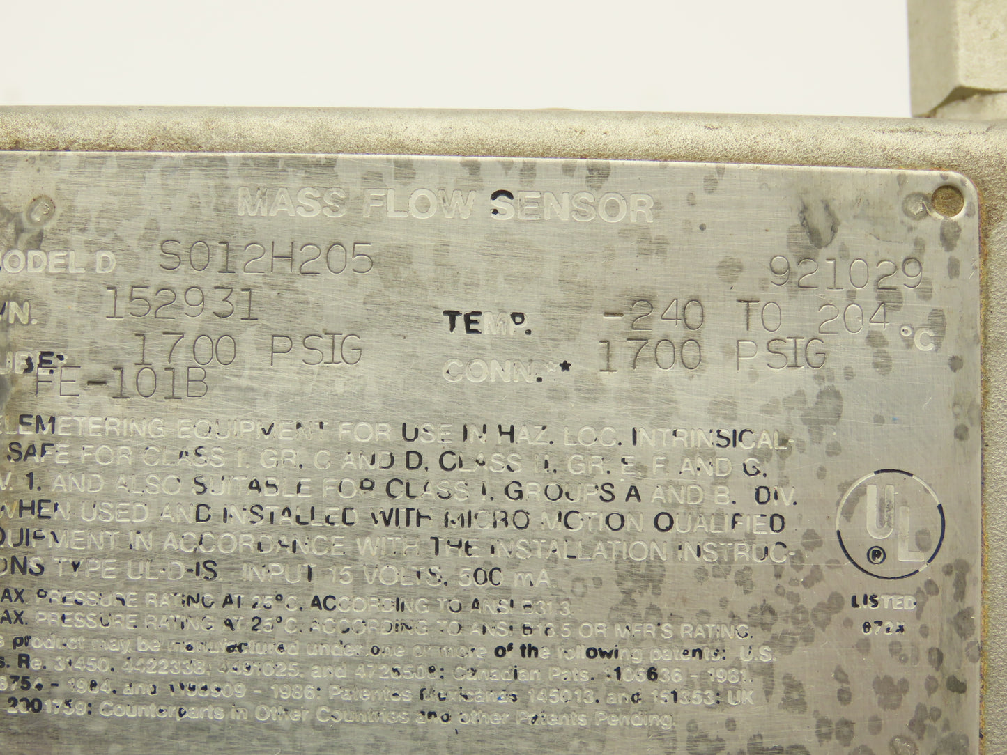 Micro Motion DS012H205 Mass Flow Sensor -240 to 204°C 1700 PSI Tube