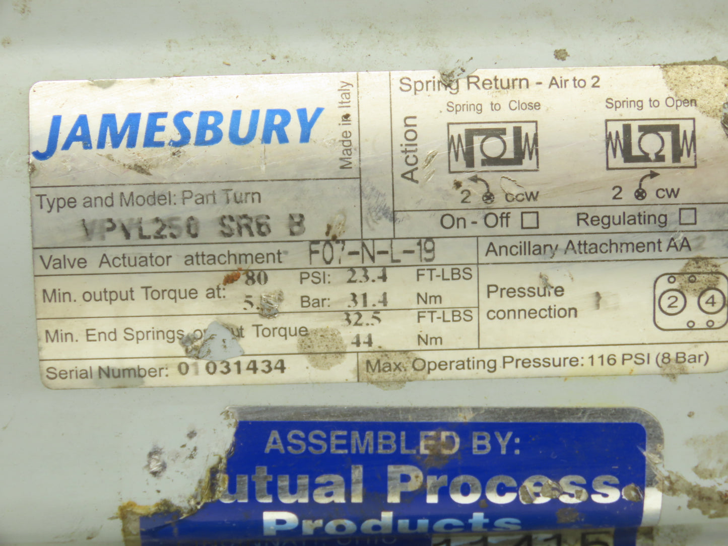 Jamesbury 2" 5150 31 3600 MT 316SS Ball Valve & Pneumatic Actuator VPVL250 SR6 B