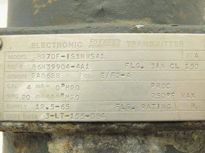 Foxboro 827DF-IS1NMSA1 Electronic Pressure Transmitter 0-88" H20 12.5-65VDC