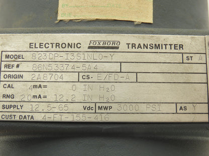 Foxboro 823DP-I3S1NL0-Y Pressure Transmitter 0-12.2"H2O 3000psi 12.5-65VDC