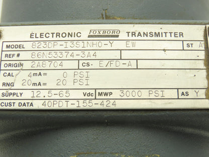 Foxboro 823DP-I3S1NH0-Y Pressure Transmitter 0-20psi/ 3000psi 12.5-65VDC