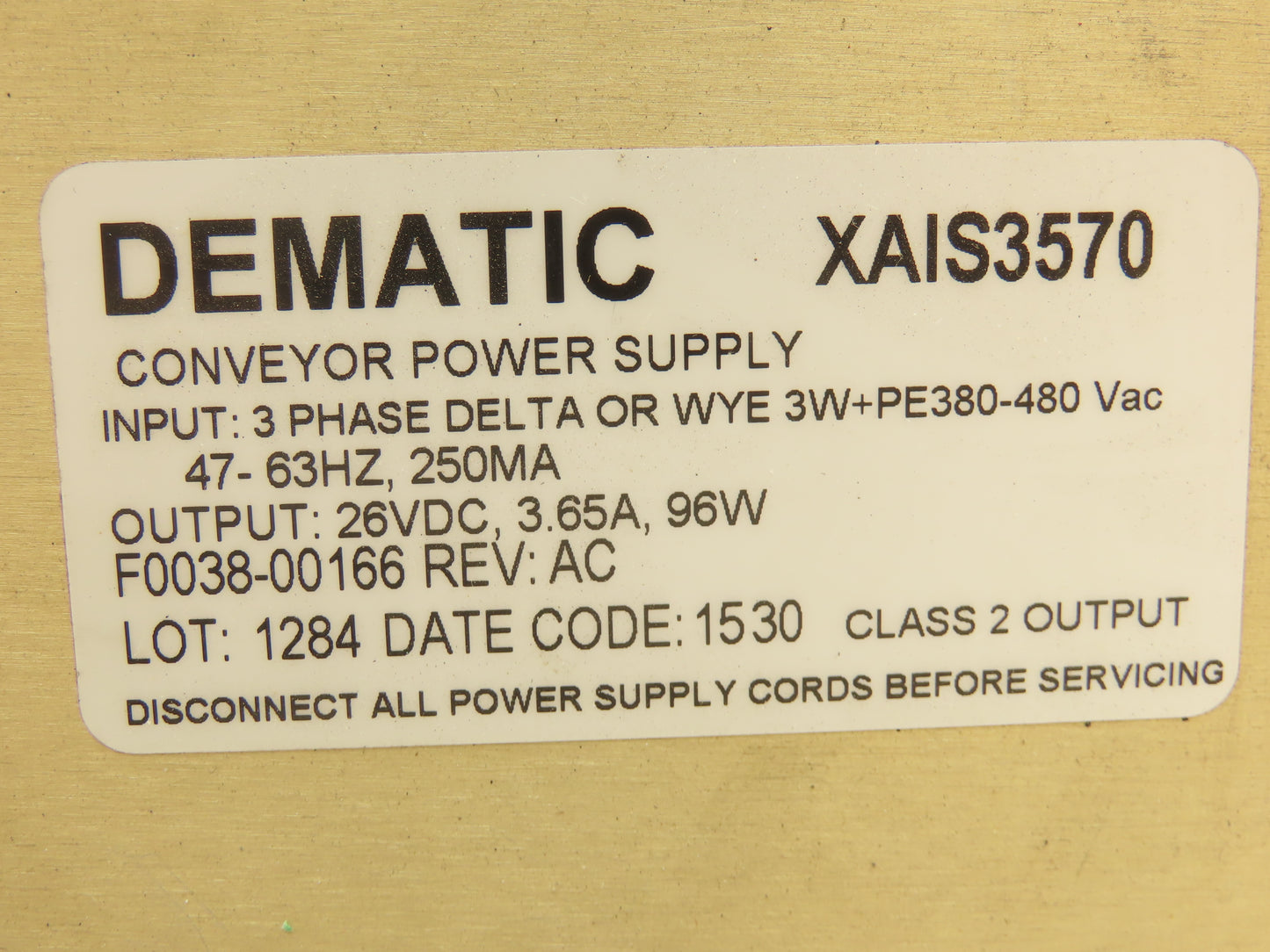 Dematic XAIS3570 Conveyor Power Supply 380-480V 3ph Input 26VDC 3.65A 96W Output