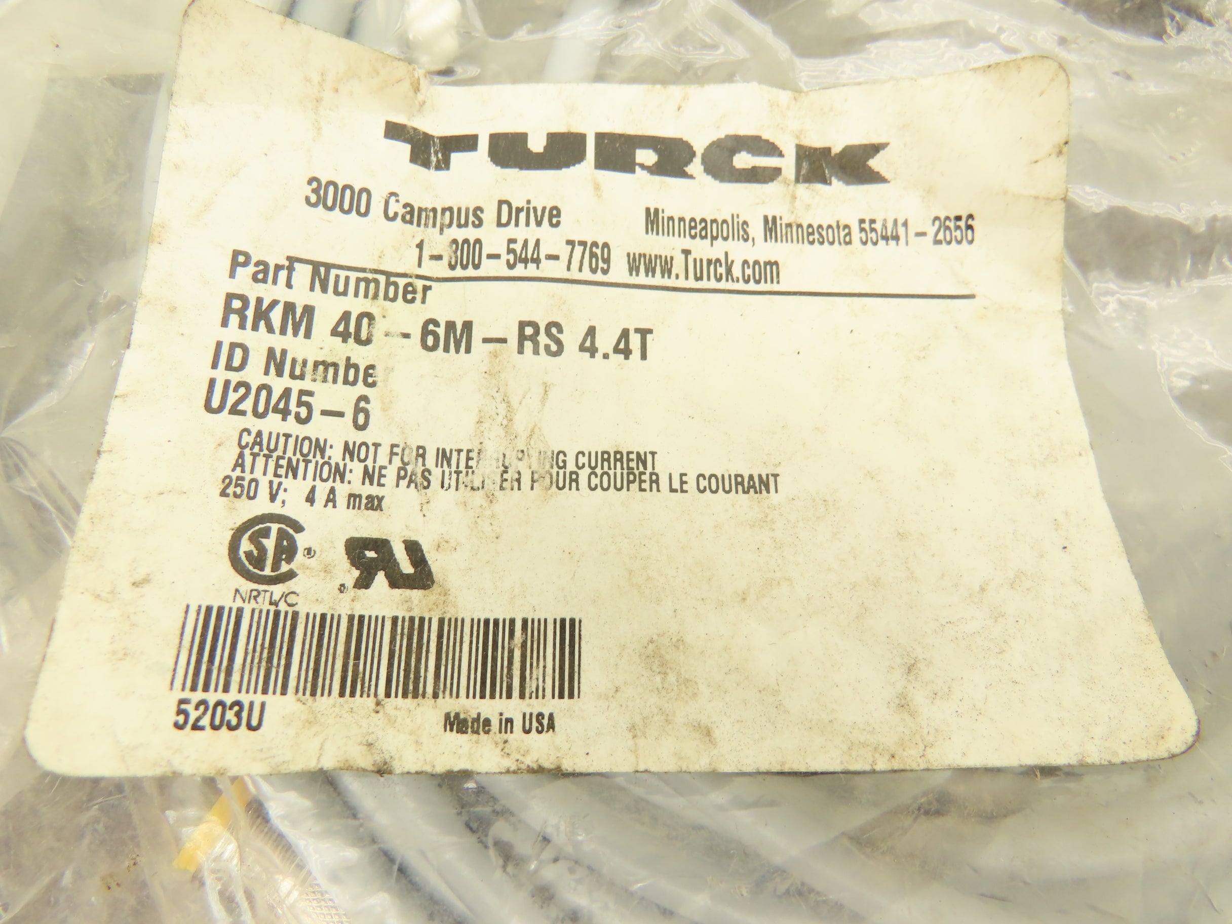 Turck RKM 40-6M-RS 4.4T 4-Pin Molex to 4-pin M12 6-Meter Hybrid Cable ...