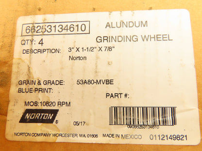 Norton 53A80-MVBE Grinding Wheel Alundum 3"OD x 1-1/2"W x 7/8"ID Lot of 2