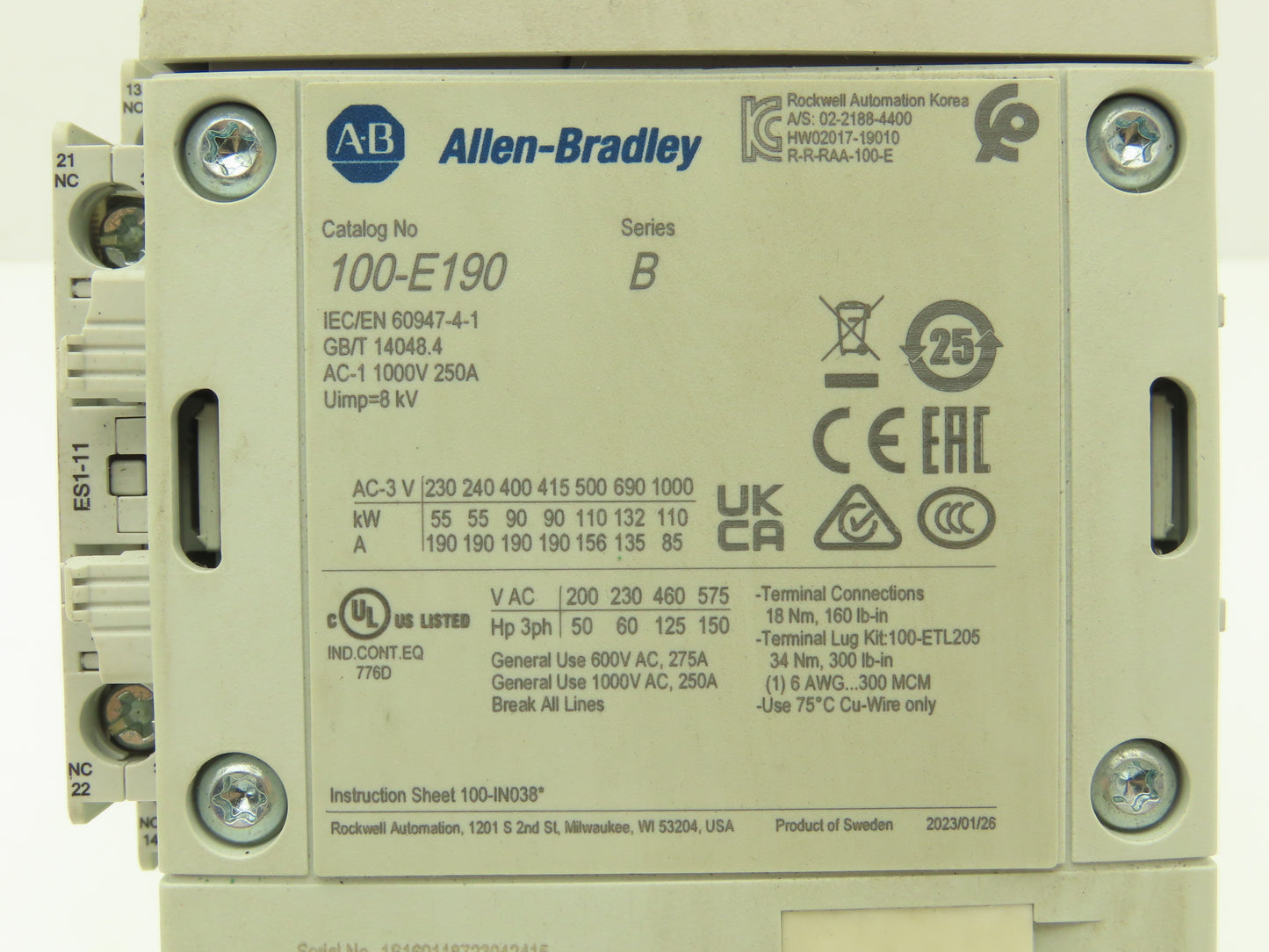 Allen Bradley 100-E190 Three Phase IEC Contactor 150Hp 575V Series B