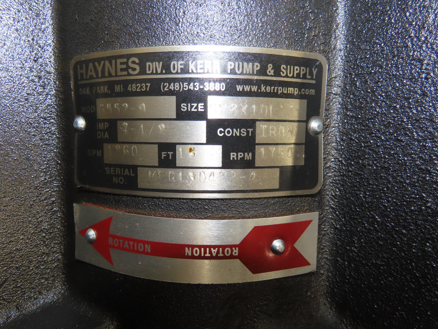 Haynes 6552-9 Vertical Centrifugal Pump 6x6" Flanged 1260gpm 10Hp Motor 230/460V