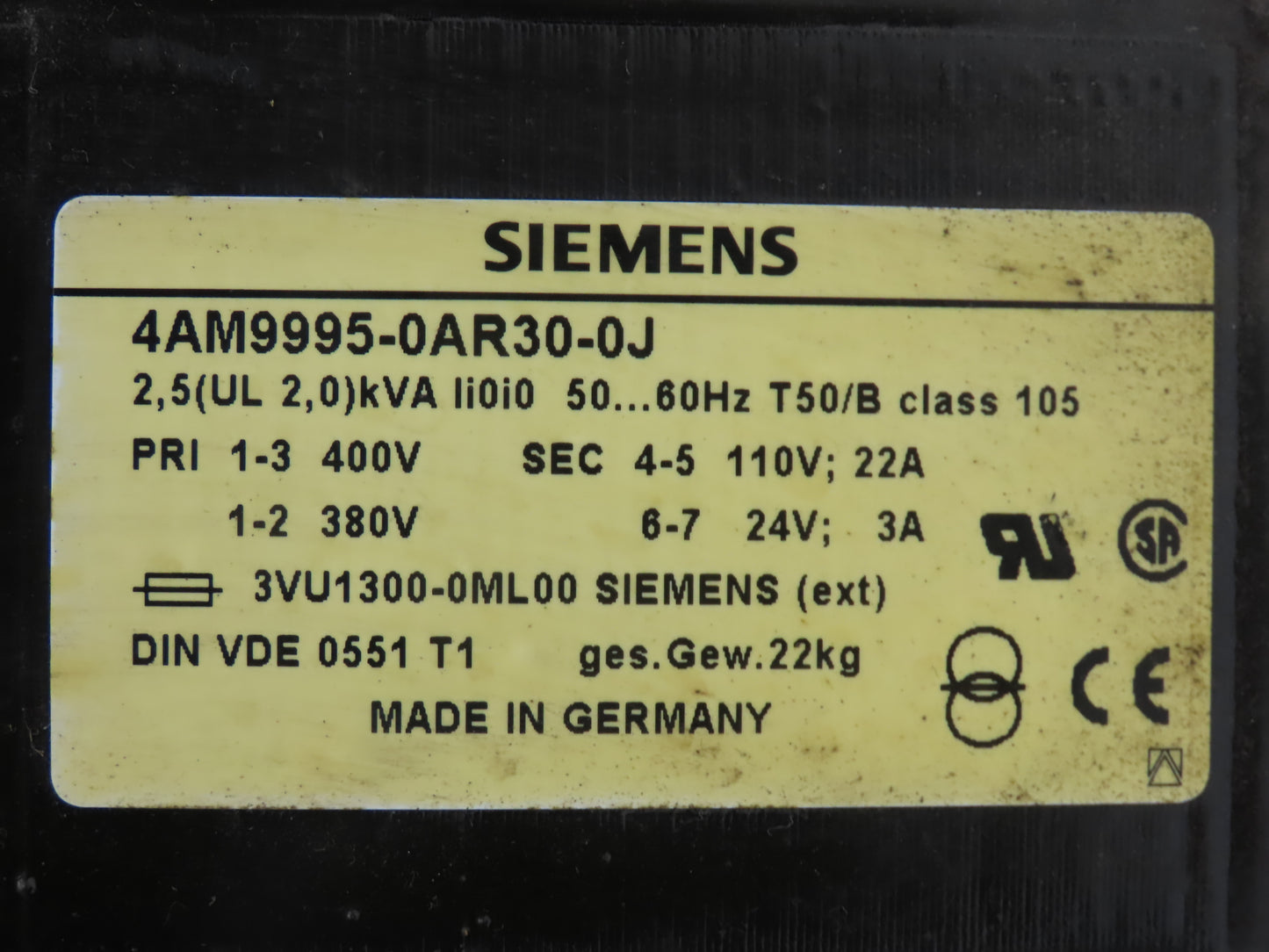 Siemens 4AM9995-0AR30-0J Stepdown Power Transformer 2.5kva HV400/380V LV110/24V