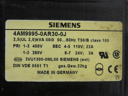 Siemens 4AM9995-0AR30-0J Stepdown Power Transformer 2.5kva HV400/380V LV110/24V