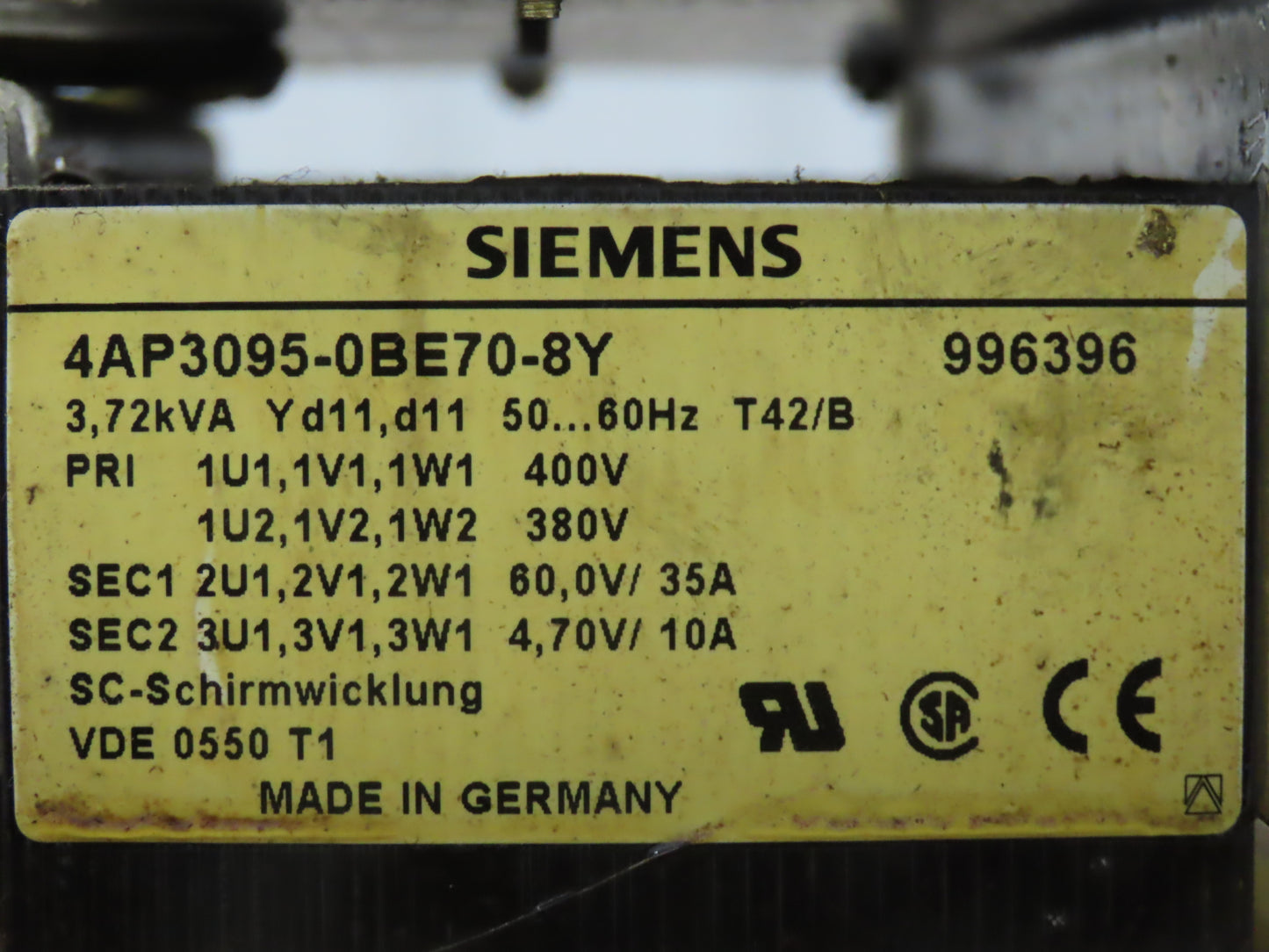 Siemens 4AP3095-0BE70-8Y Stepdown Power Transformer 3.72kva HV400/380V LV60/4.7V